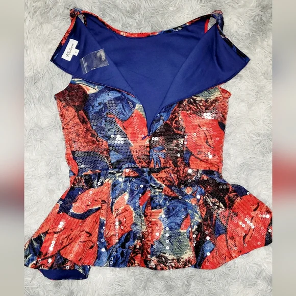 Red/Blue Floral Wolven "Sugared Fleur" Sequin Skirt Set, Small - Picture 5 of 5